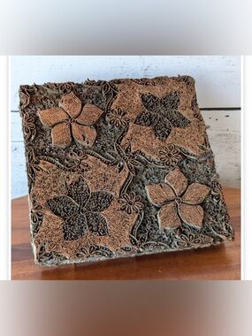 Antique Indonesian Copper Batik Stamp Floral Pattern 6” Tjap Cap Textile Art